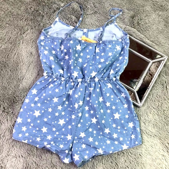 Celestial patriotic blue denim stars strappy shorts romper 100% cotton organic - Picture 3 of 11